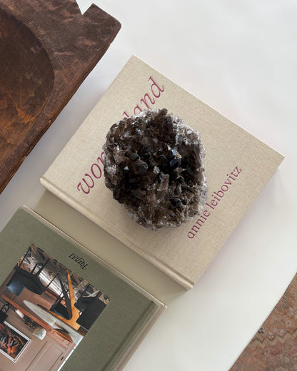 Decorative smoky quartz crystal cluster with natural translucent crystals for modern organic home décor