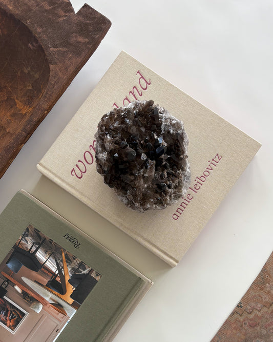 Decorative smoky quartz crystal cluster with natural translucent crystals for modern organic home décor