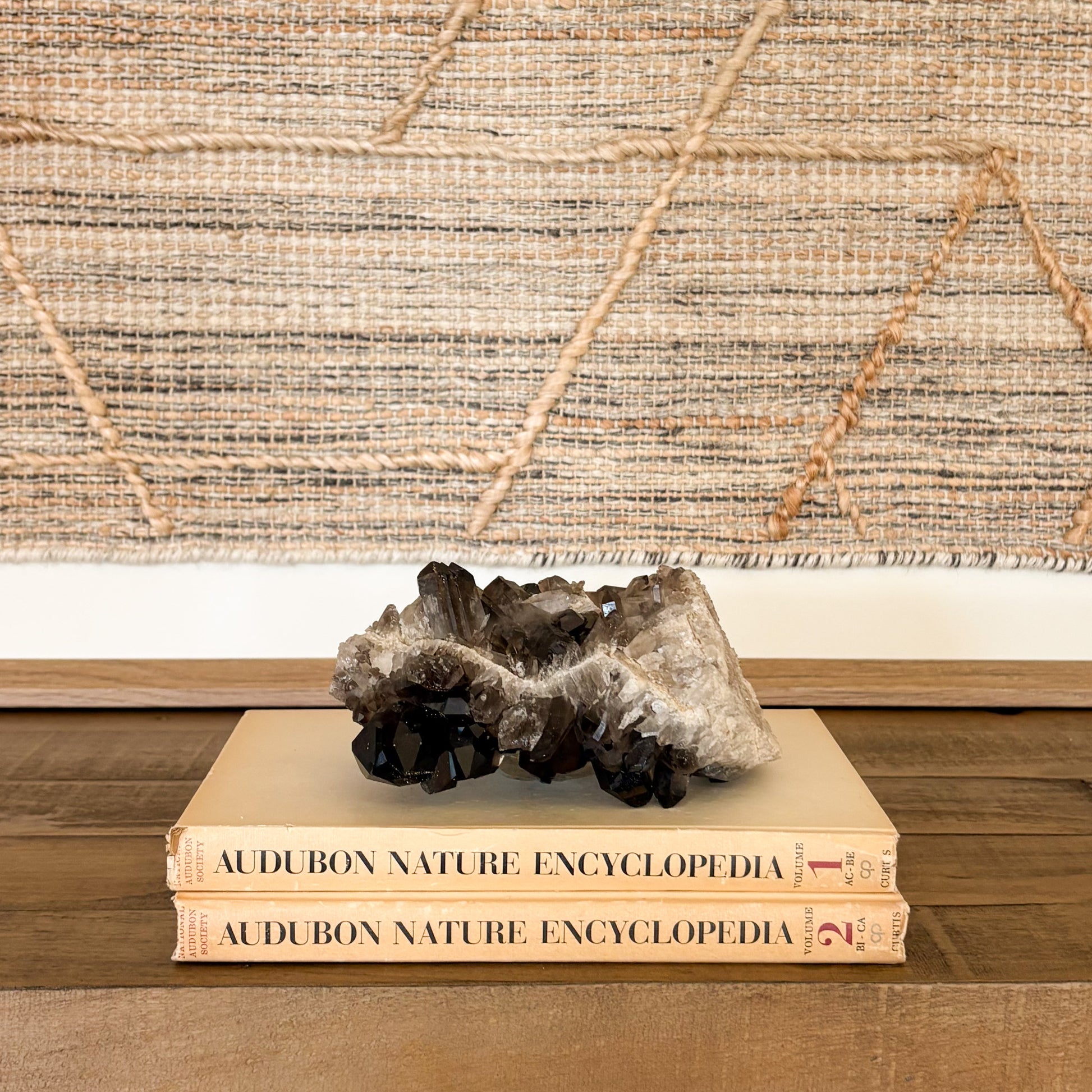 Natural smoky quartz crystal cluster luxury home decor statement piece with raw mineral formation and deep smoky brown quartz points.