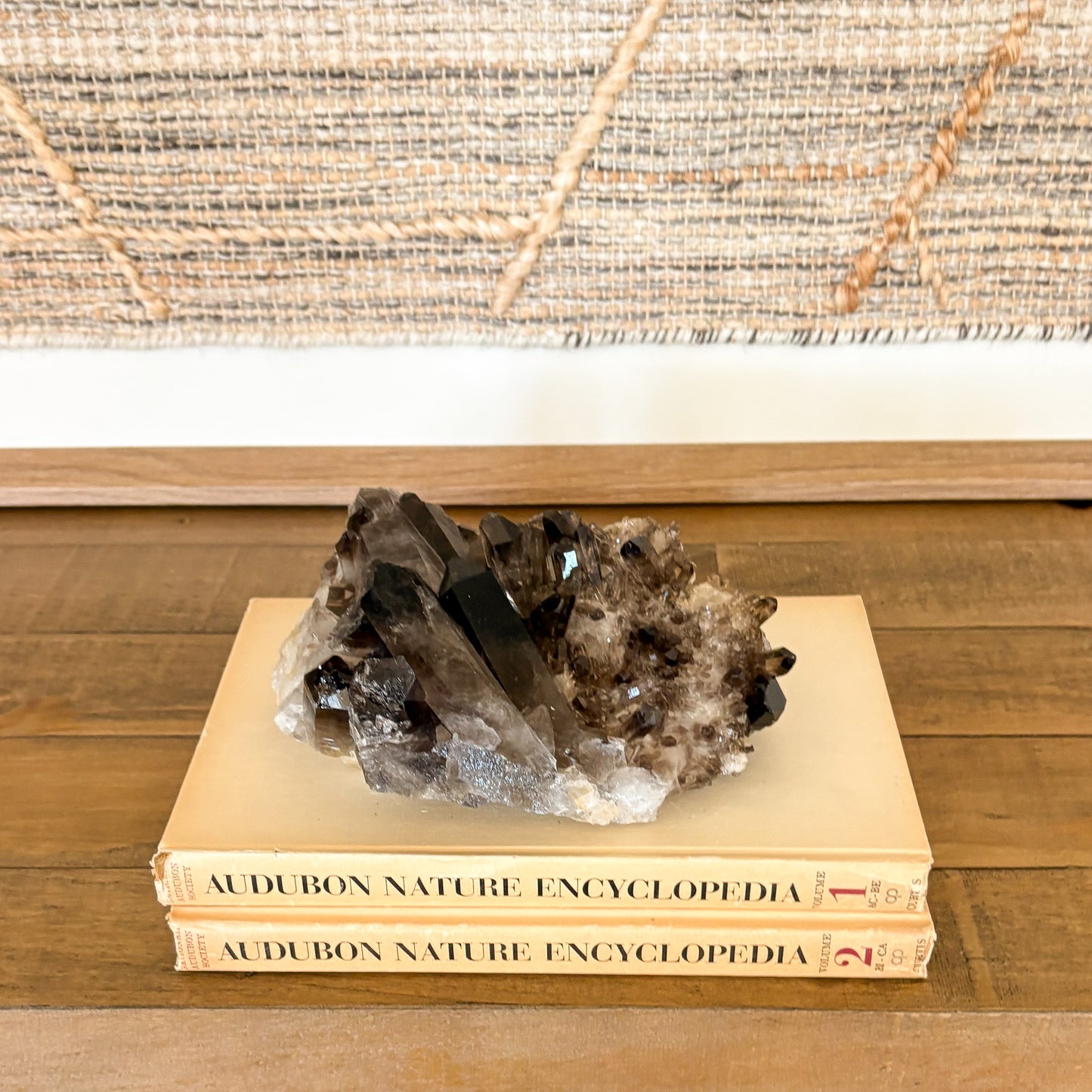 Smoky quartz crystal cluster displayed as modern boho home decor accent