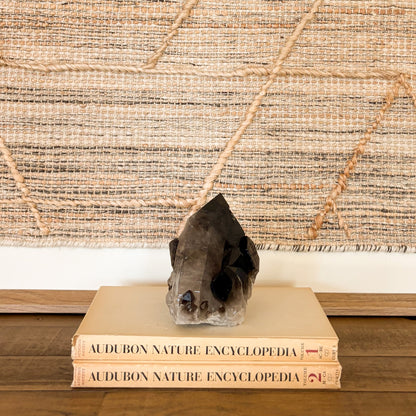 Natural smoky quartz crystal cluster on vintage encyclopedia books used as elegant home decor.