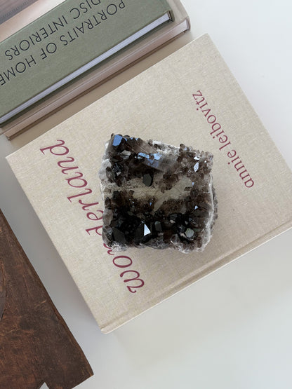 Statement smoky quartz crystal cluster for shelf, console, or coffee table styling