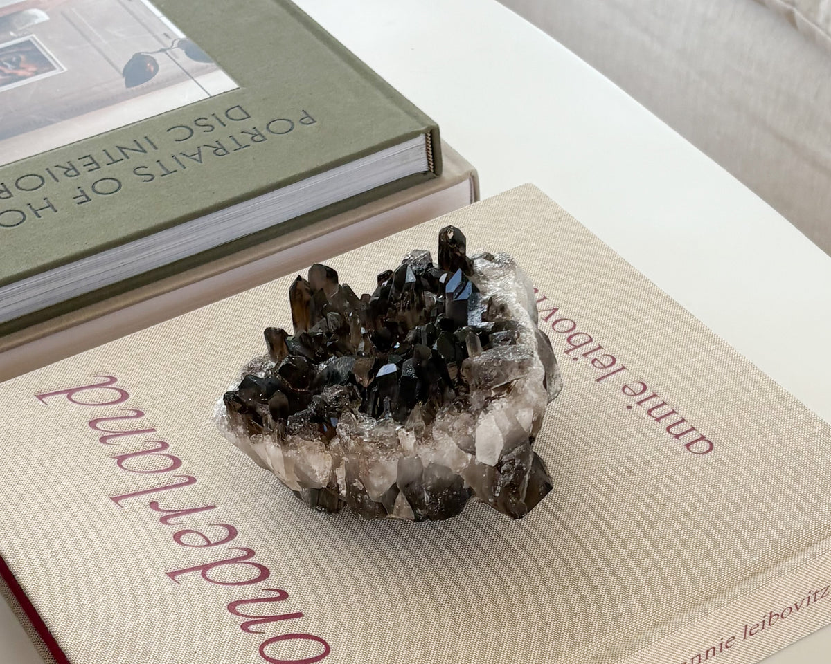 Large smoky quartz crystal cluster with natural points from Brazil
