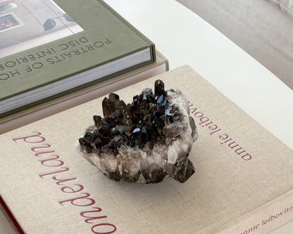 Large smoky quartz crystal cluster with natural points from Brazil