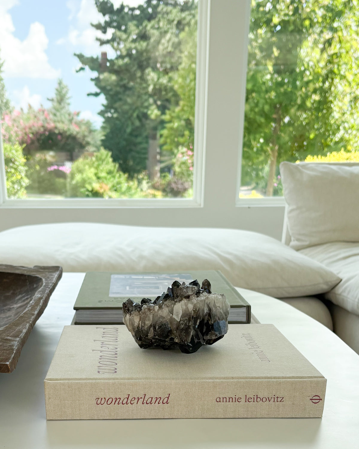 Smoky quartz crystal cluster display piece with naturally formed quartz crystals
