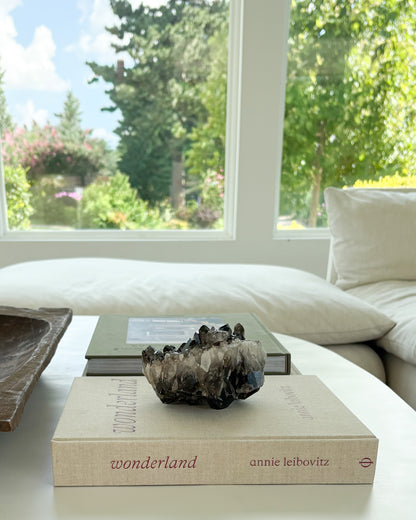 Smoky quartz crystal cluster display piece with naturally formed quartz crystals