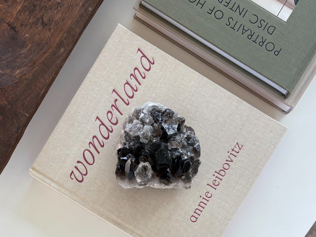 One-of-a-kind natural smoky quartz crystal cluster from Brazil with sparkling translucent crystal points, displayed as decorative luxury home décor.
