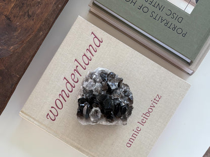 One-of-a-kind natural smoky quartz crystal cluster from Brazil with sparkling translucent crystal points, displayed as decorative luxury home décor.
