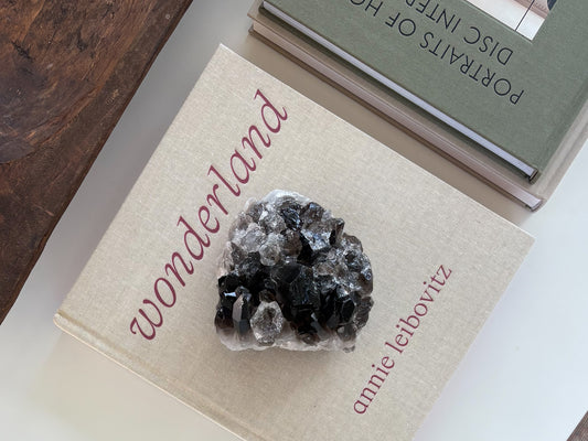 One-of-a-kind natural smoky quartz crystal cluster from Brazil with sparkling translucent crystal points, displayed as decorative luxury home décor.
