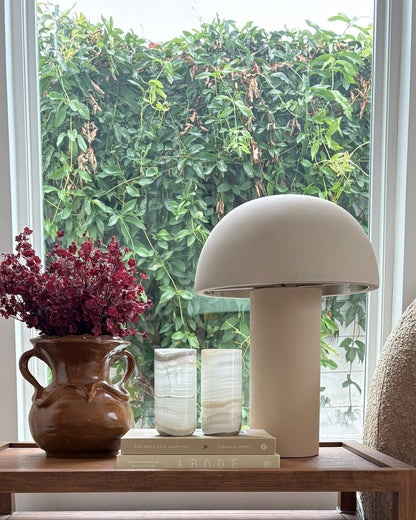 Contemporary white onyx cylinder candle holder with natural stone character