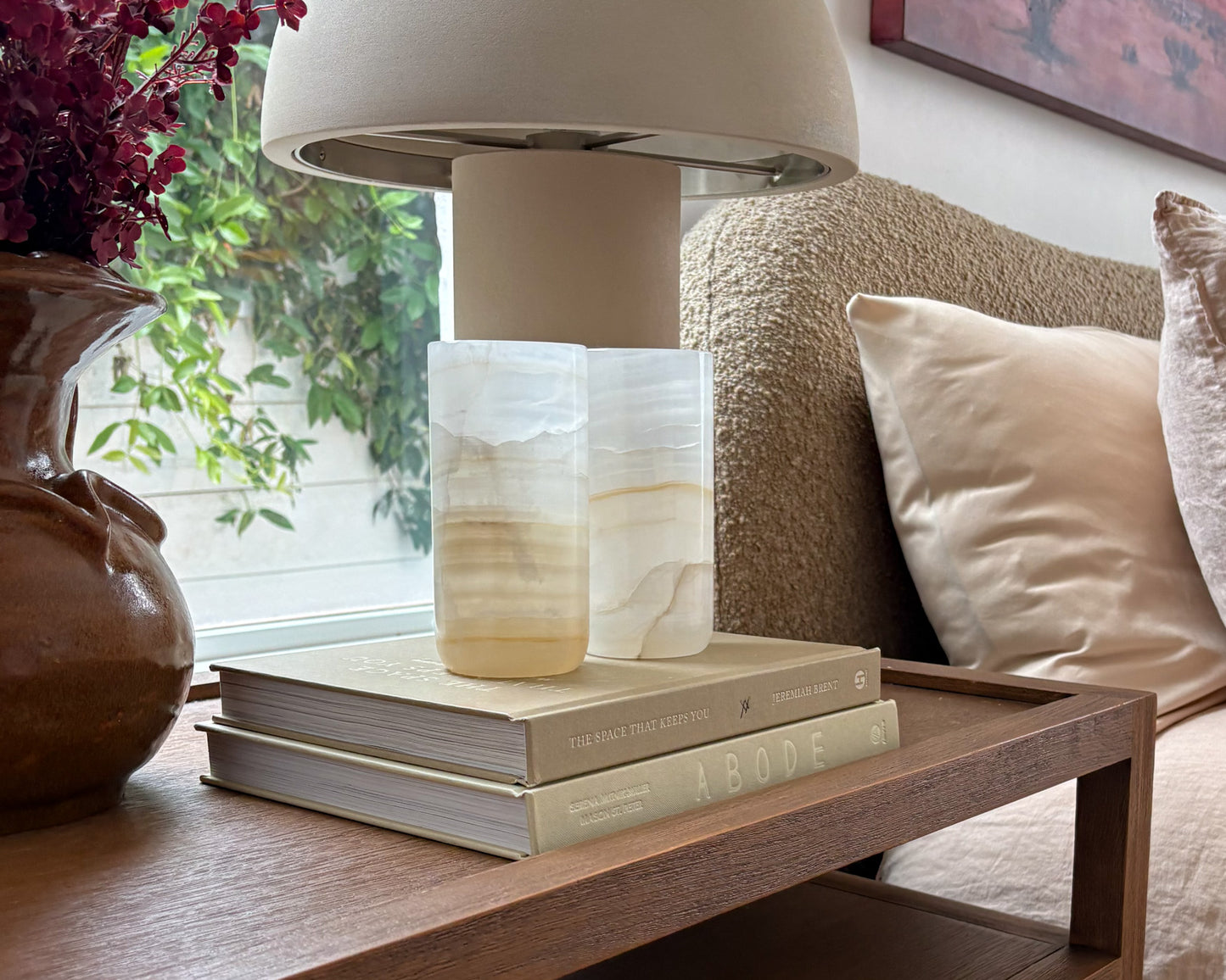 Tall white onyx tealight candle holder with polished finish