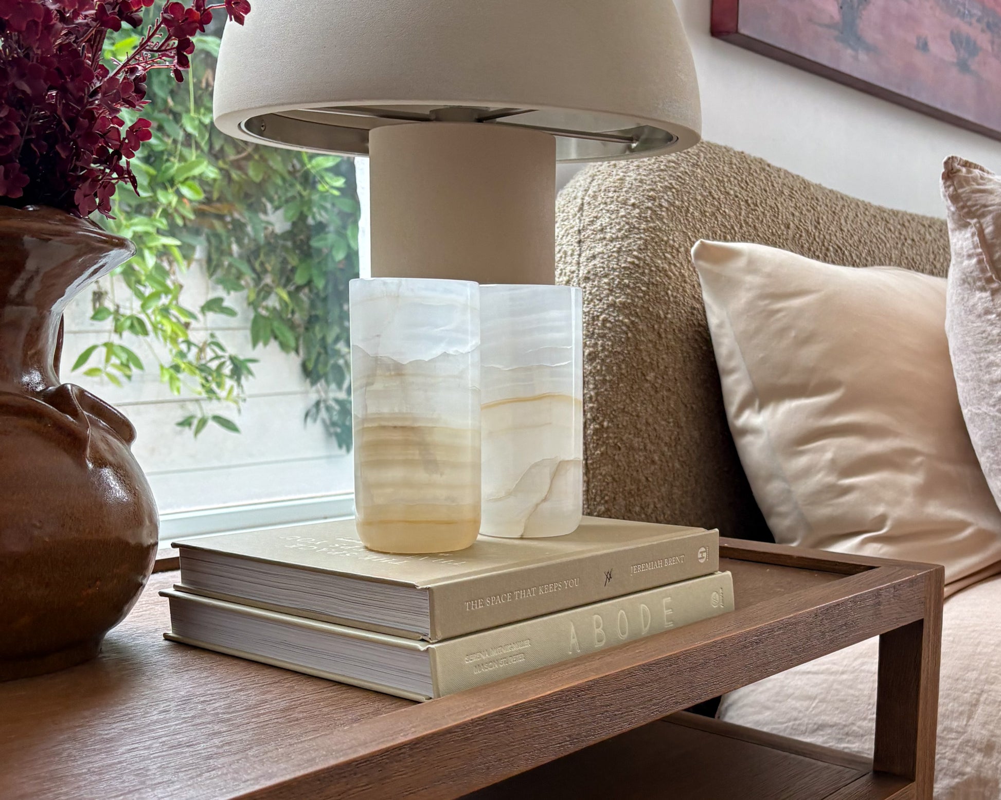 Tall white onyx tealight candle holder with polished finish