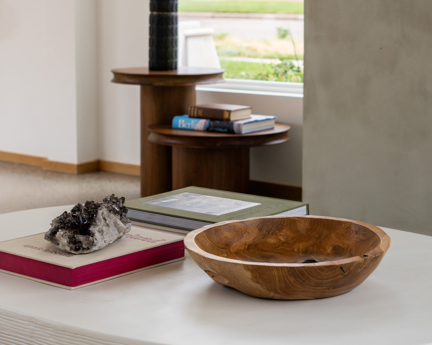 Hand-carved teak wood decorative bowl with rich natural wood grain