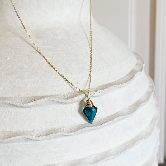 blue crystal gold pendant necklace, modern crystal jewelry
