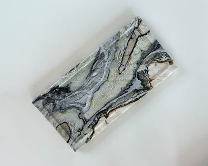Luxury home décor marble tray with flowing black and olive veining