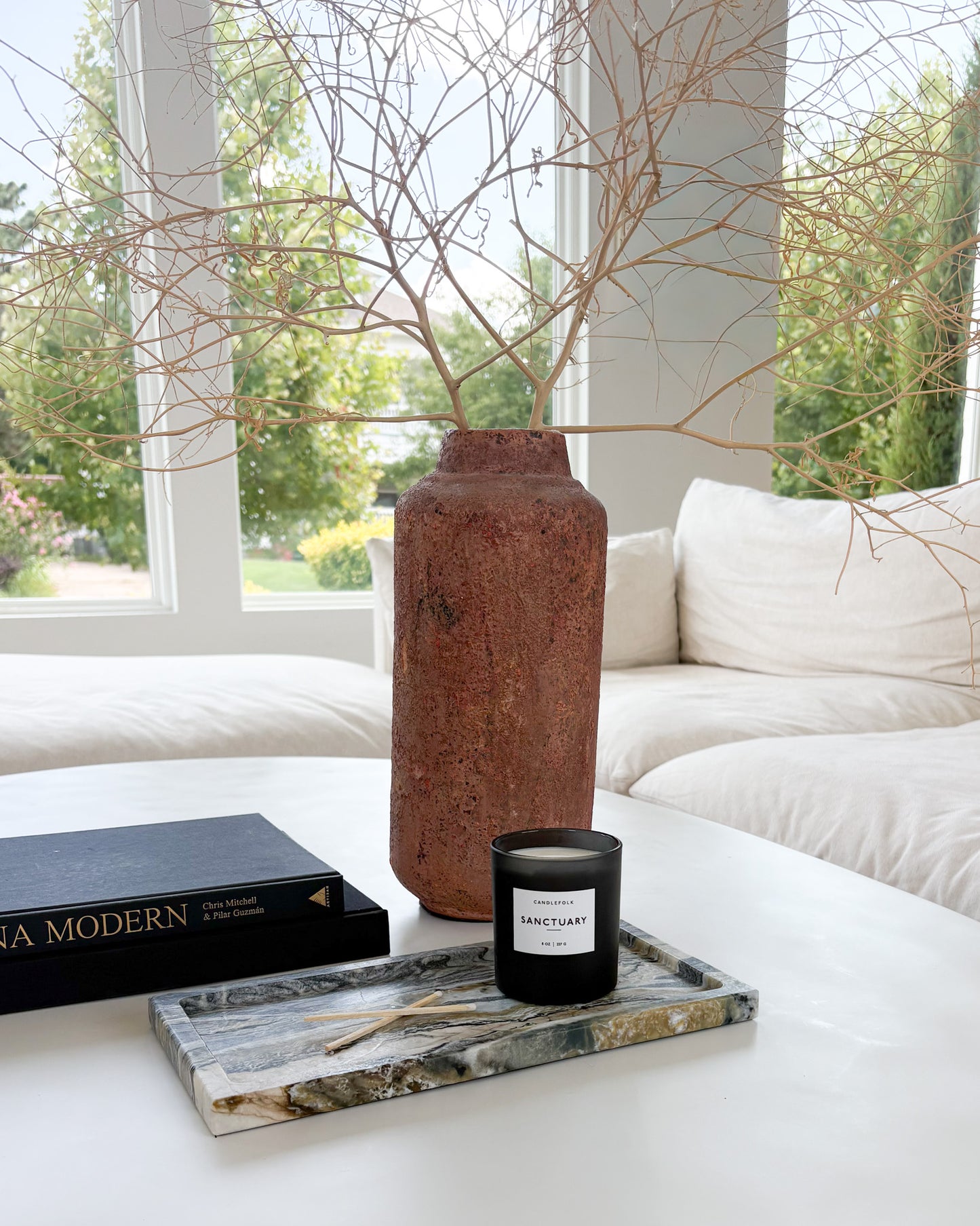 Natural Twilight marble tray with dramatic charcoal, cream, and olive veining