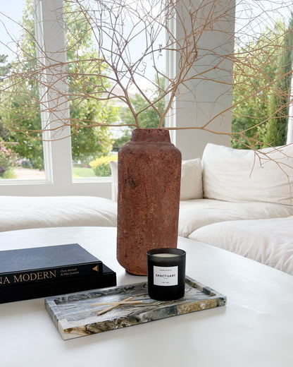 Natural Twilight marble tray with dramatic charcoal, cream, and olive veining