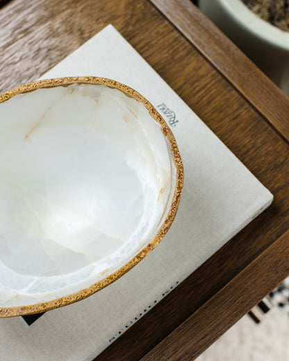 Decorative hand carved white onyx bowl made from genuine natural stone