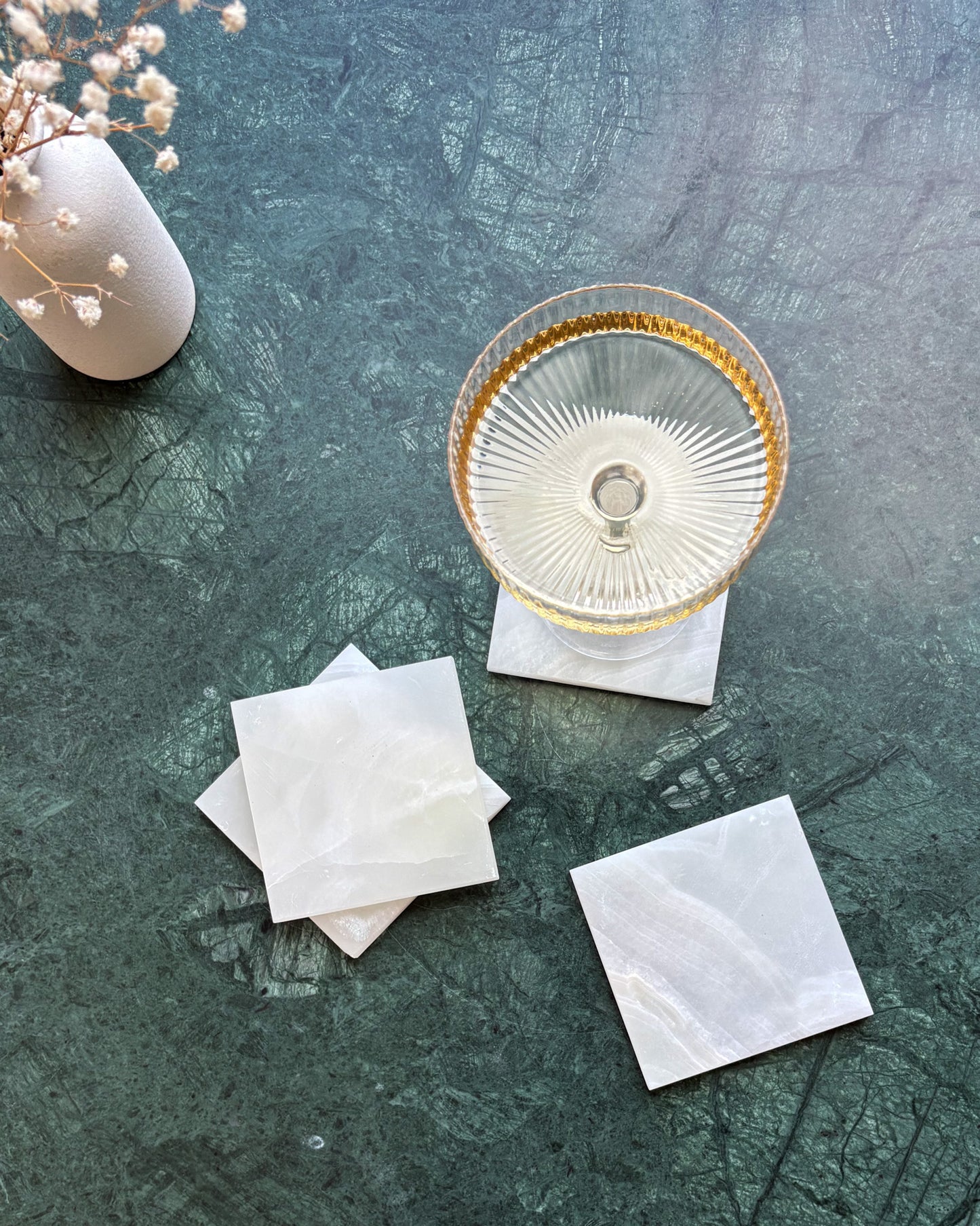 Premium white onyx coaster set designed to protect surfaces while adding natural beauty