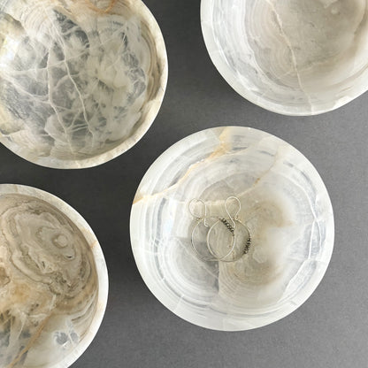 Polished white onyx catchall dish for modern home décor