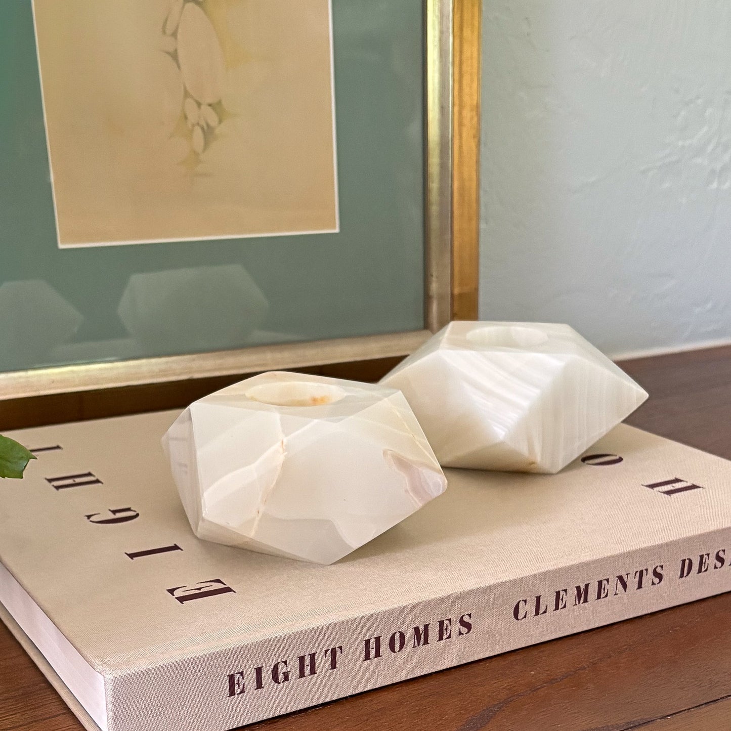 Hand-polished white onyx tealight candle holders with natural veining