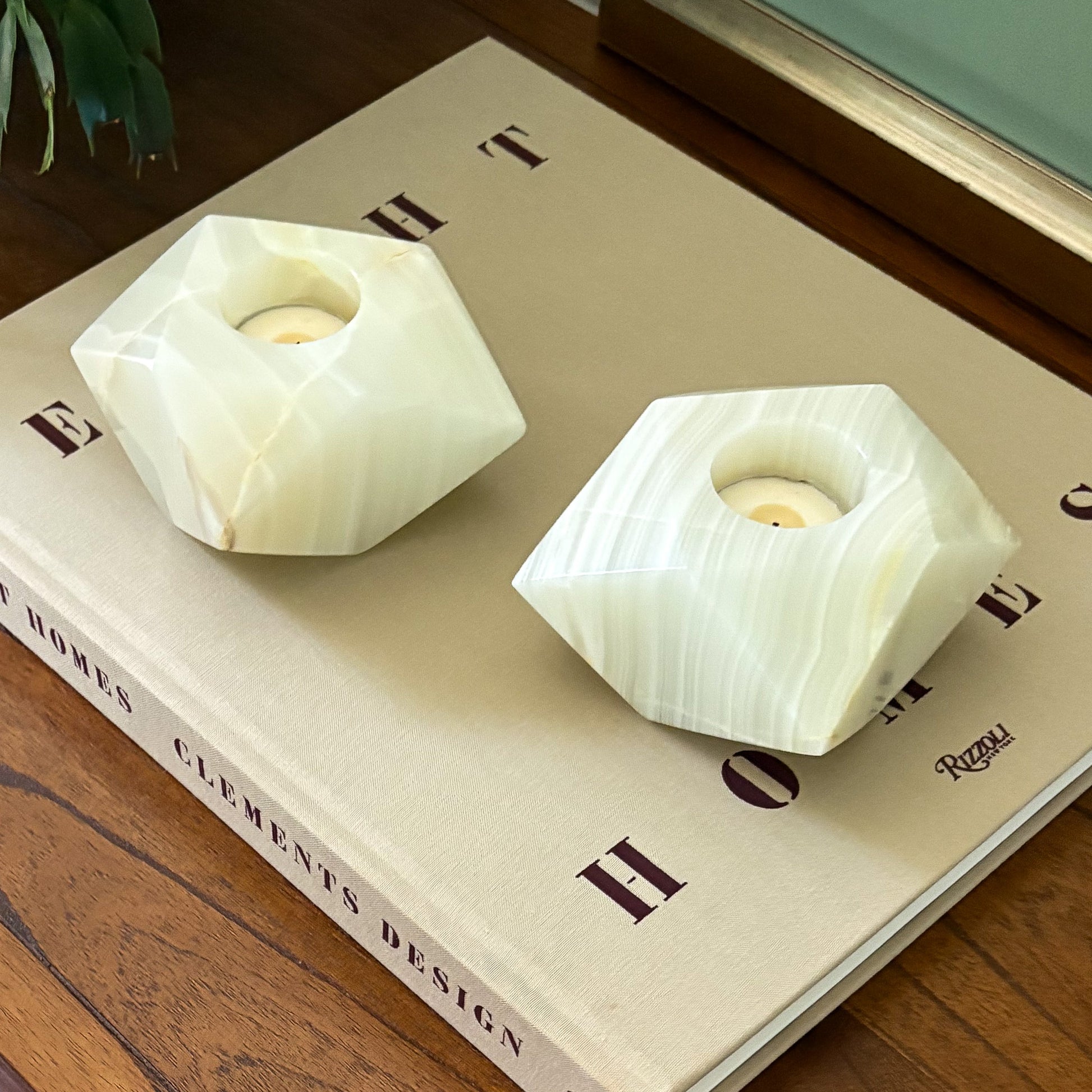 Elegant white onyx tealight holders for spa and wellness décor