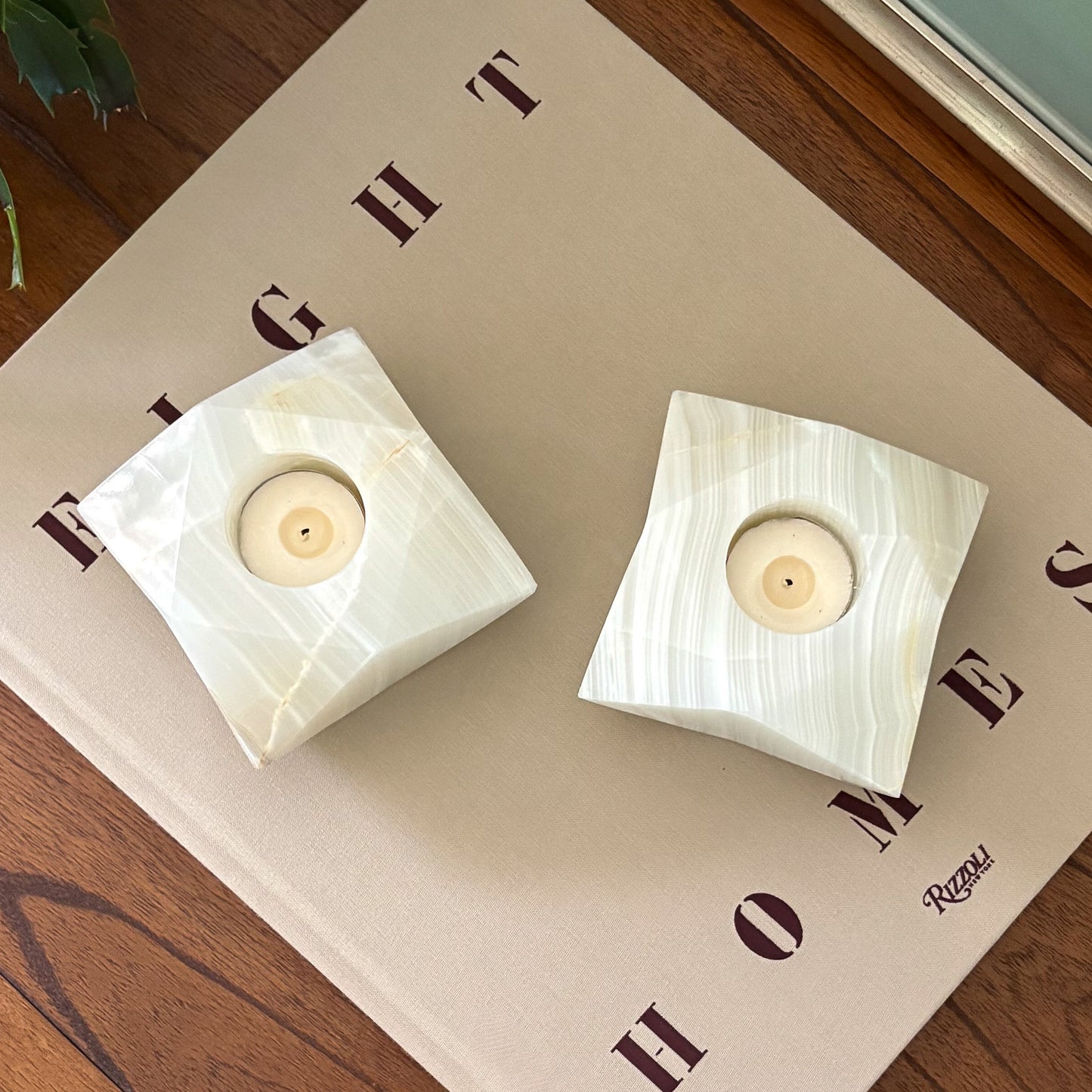 Modern geometric white onyx tealight candle holders for home décor