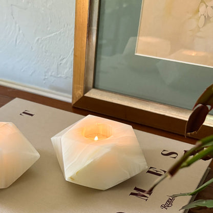 Minimalist white onyx tealight candle holders for table centerpiece décor