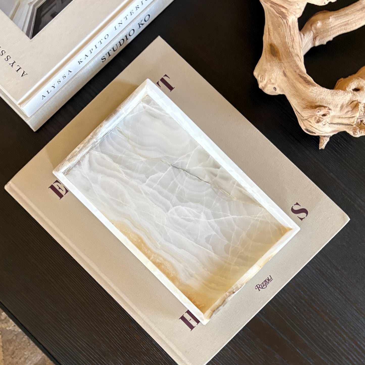 handcrafted white onyx decorative tray with unique natural texture