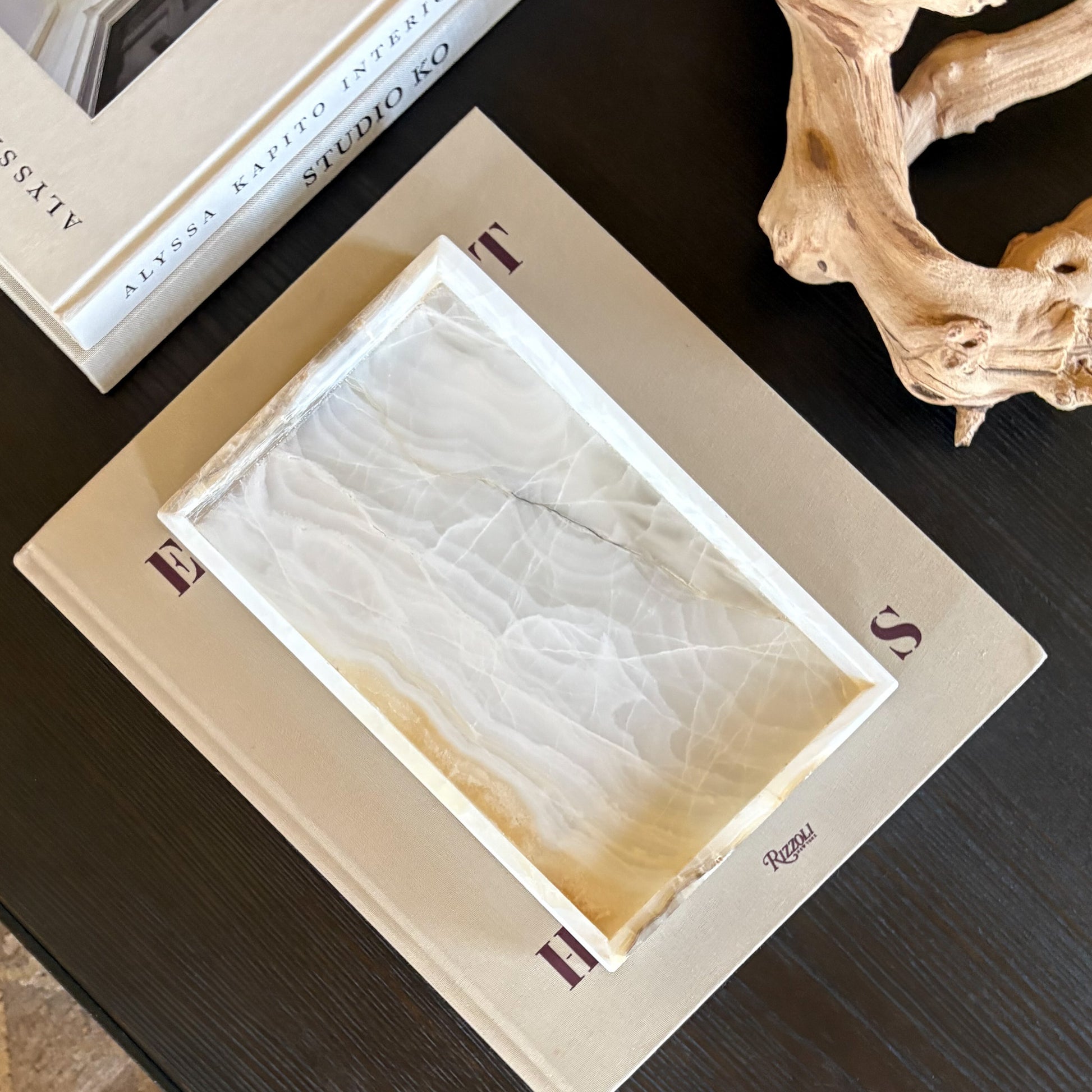 handcrafted white onyx decorative tray with unique natural texture
