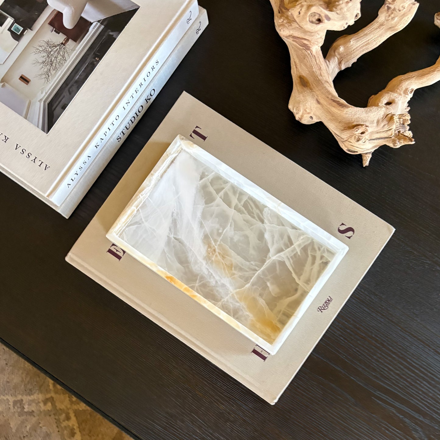 modern neutral home decor tray made of natural white onyx stone