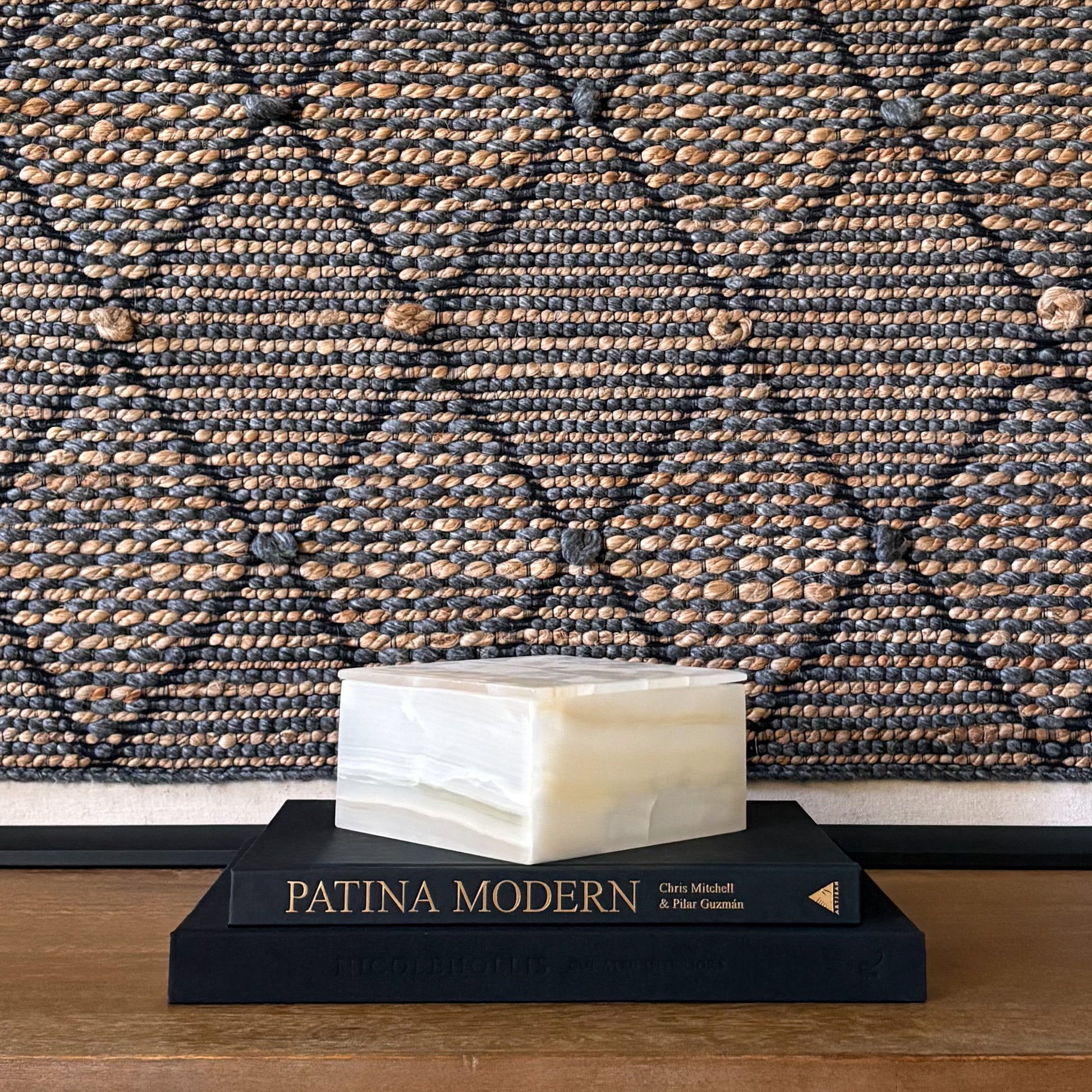 Luxury white onyx decorative box with lid on modern coffee table