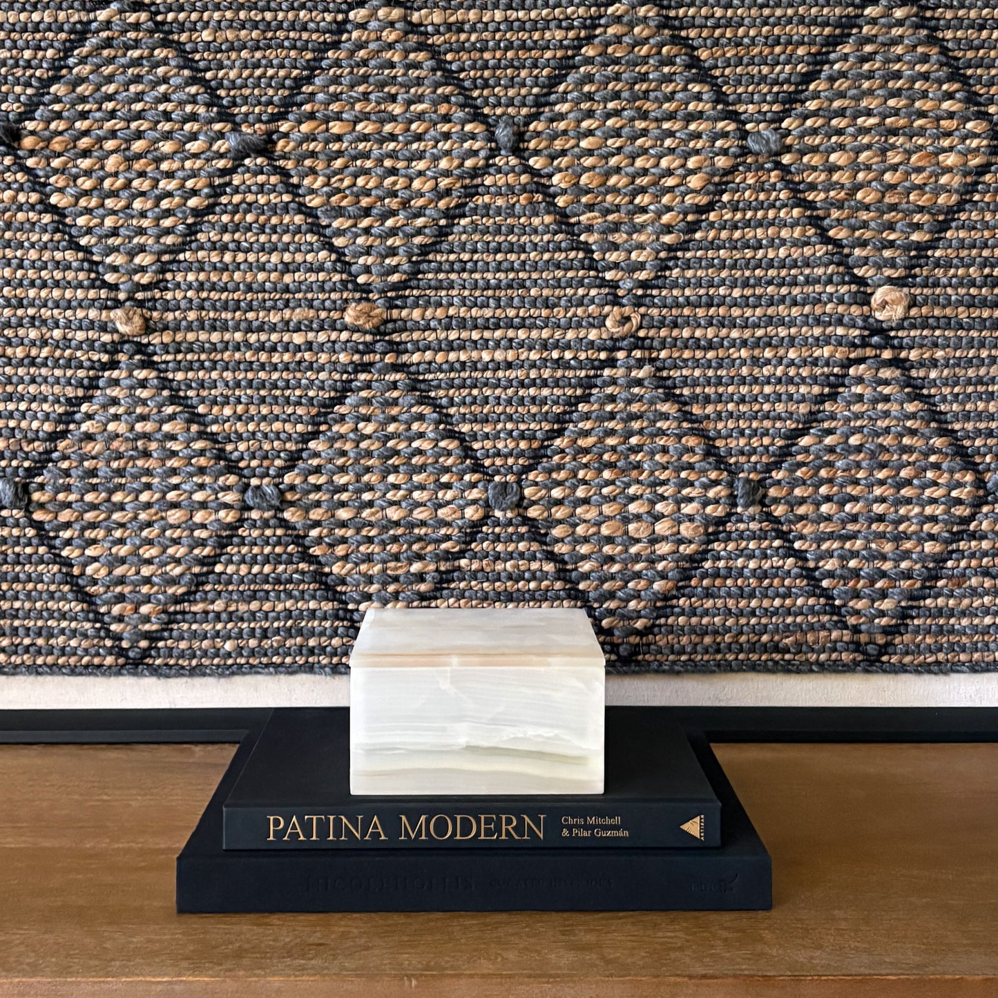 Detailed view of luxury onyx decorative box with layered stone pattern