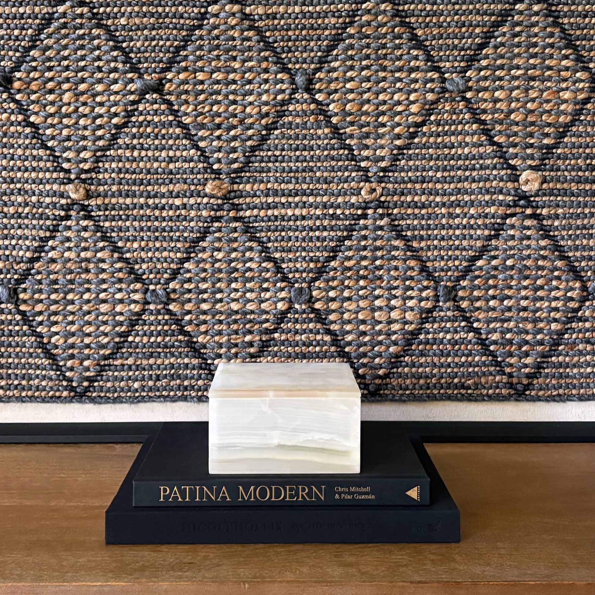 Detailed view of luxury onyx decorative box with layered stone pattern