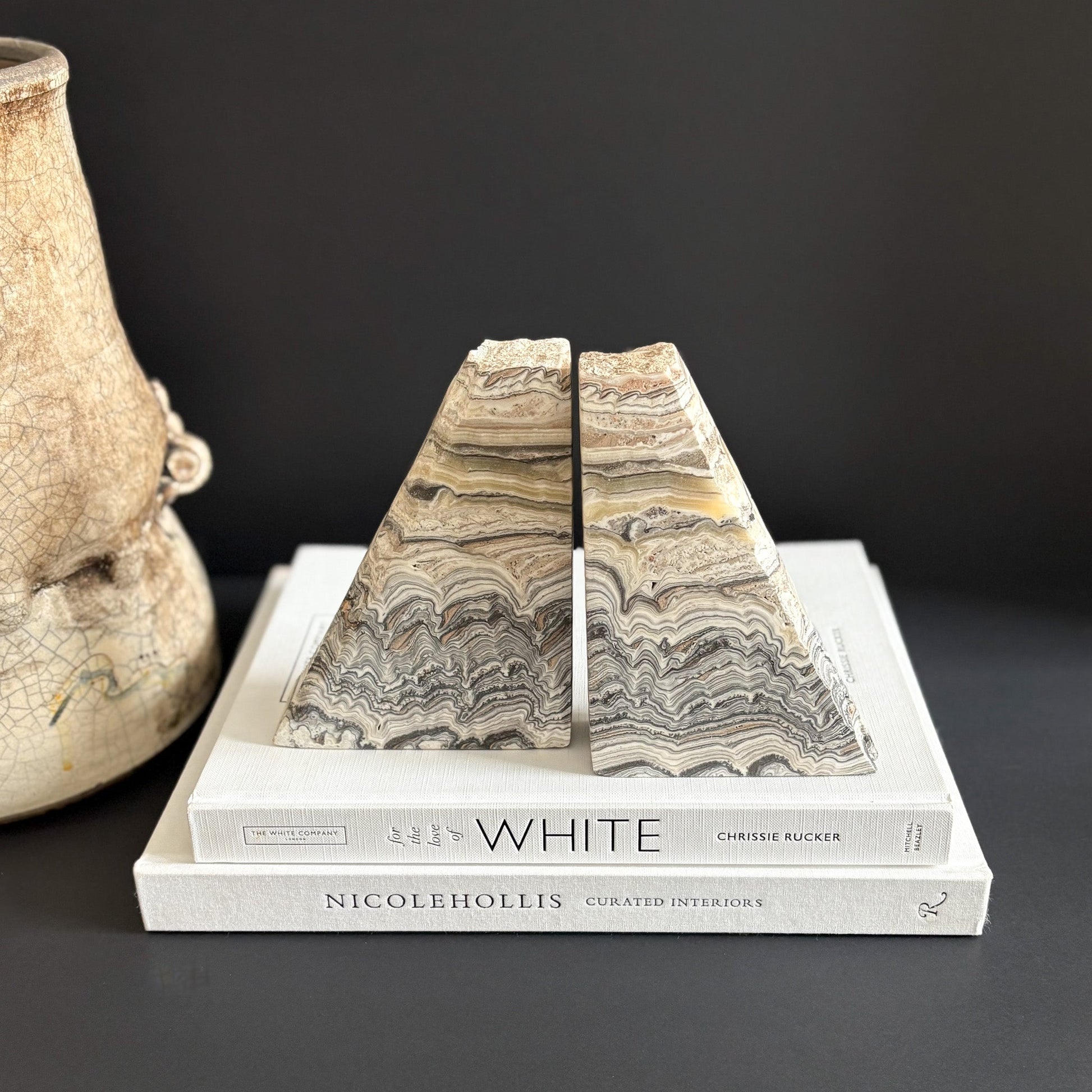 yellow, black and white onyx bookends