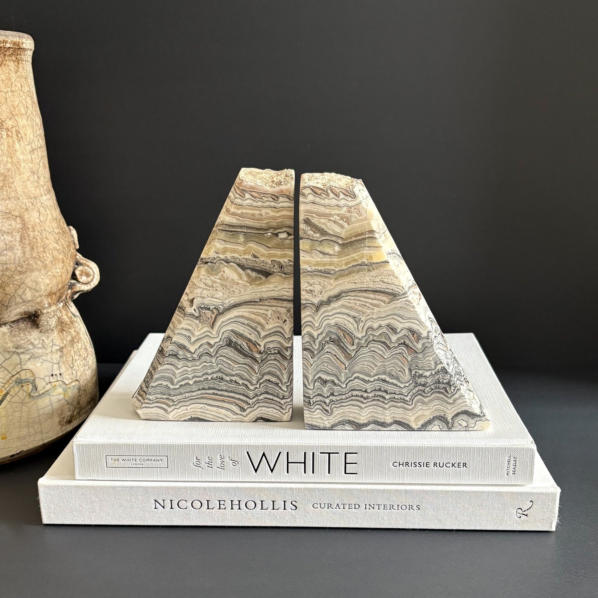 white, black and yellow onyx bookends, natural stone bookends