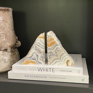 white, yellow nad black calcite bookend pair