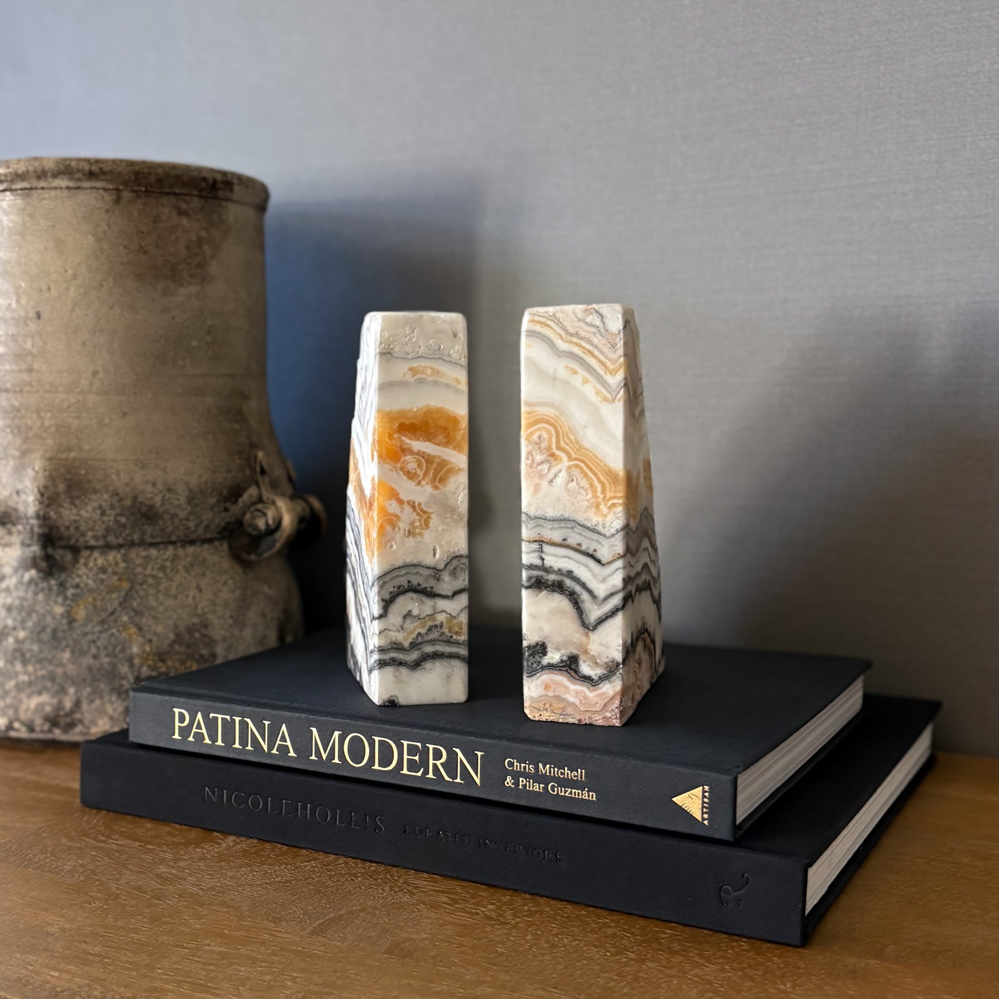 Sculptural zebra calcite bookend pair in modern organic home décor