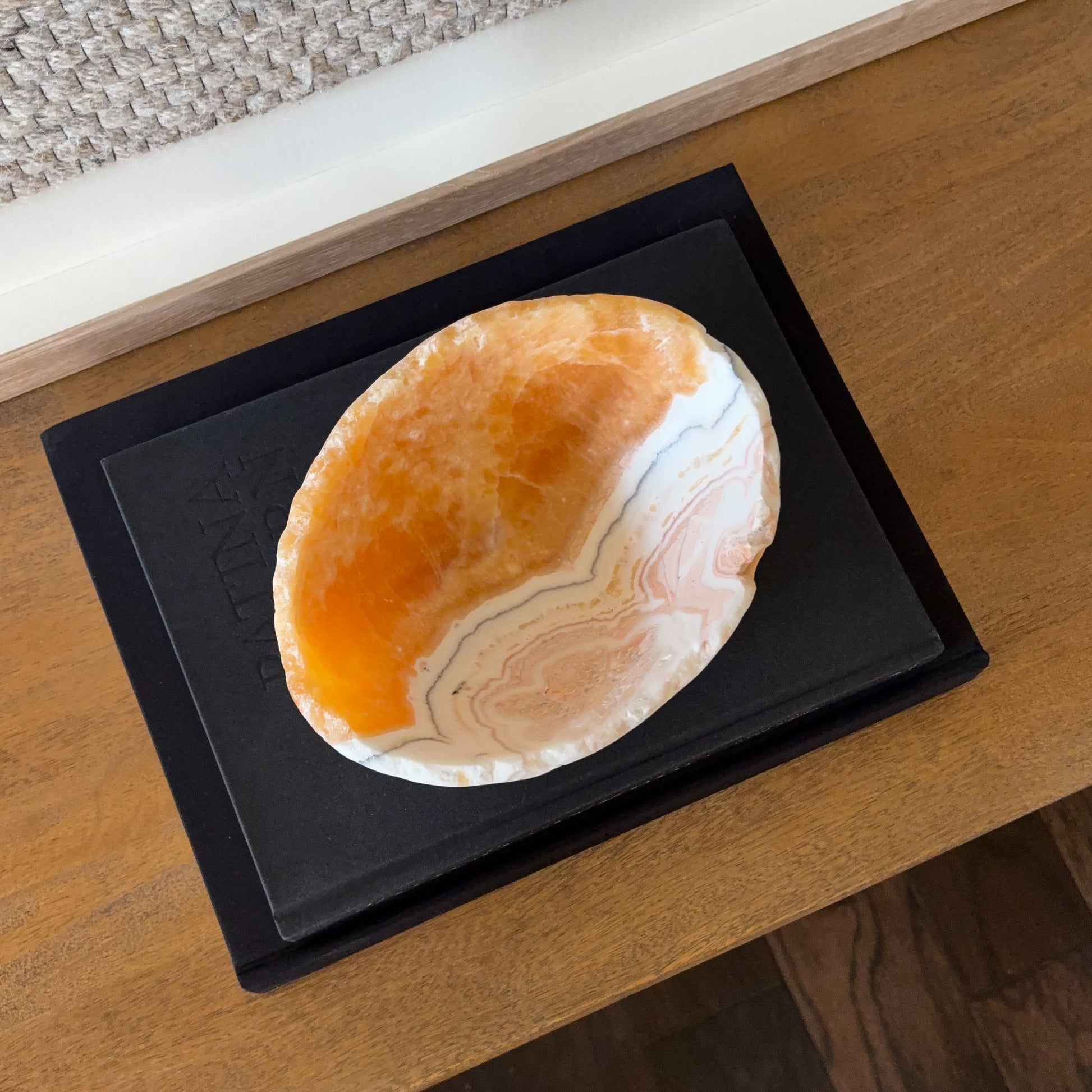 Polished zebra calcite crystal bowl hand carved from natural striped calcite stone