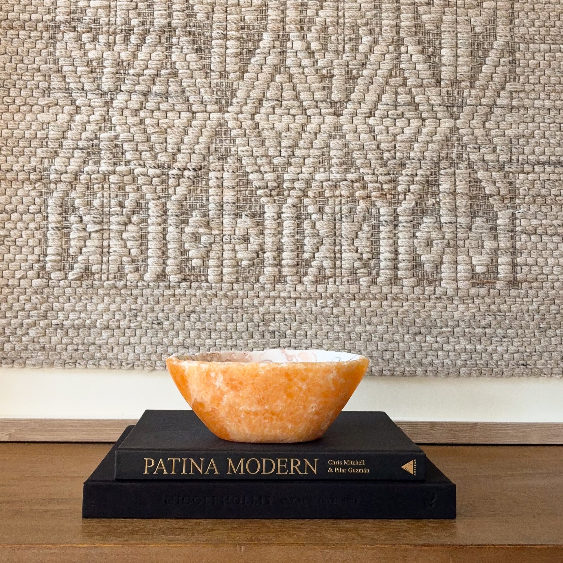 Artisan zebra calcite stone bowl with unique striped mineral pattern, modern interior decor