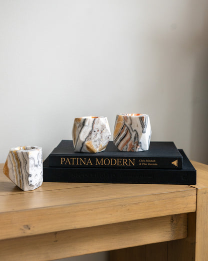 Hand-carved natural zebra calcite candle holder for modern organic home décor