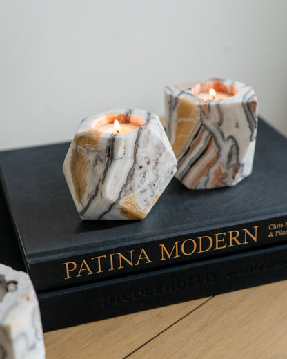Zebra calcite stone candle holder hand carved with natural color variation