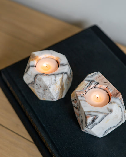 Natural stone candle holder carved from striped zebra calcite