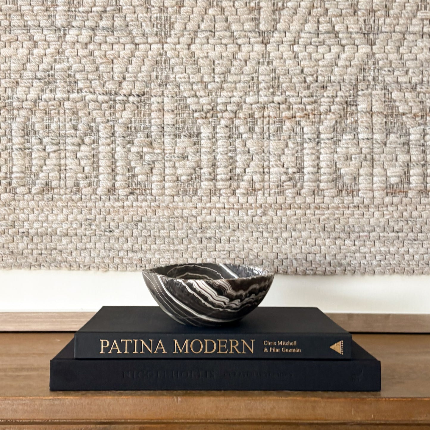 Artisan hand carved zebra onyx bowl in small size, polished striped onyx stone centerpiece for modern home decor