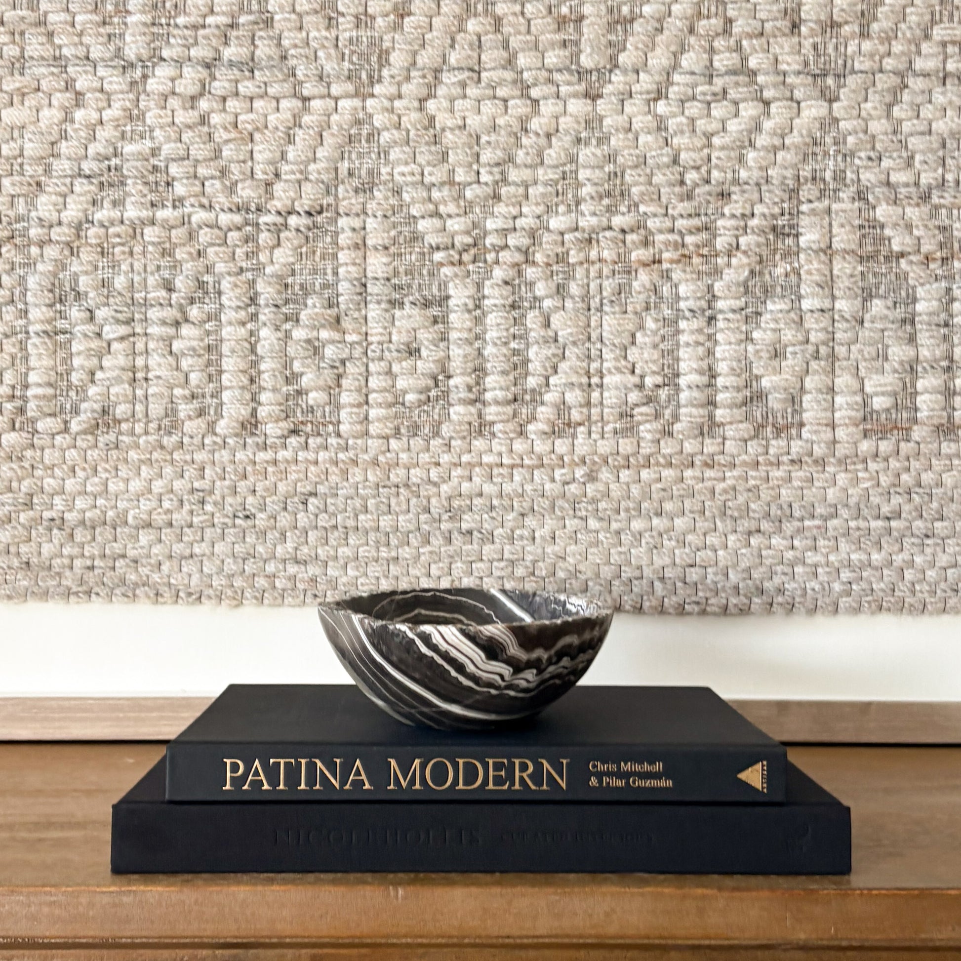 Artisan hand carved zebra onyx bowl in small size, polished striped onyx stone centerpiece for modern home decor