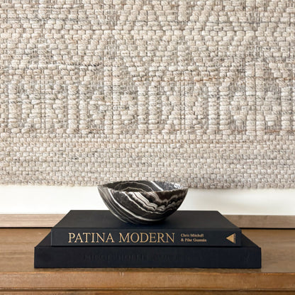 Artisan hand carved zebra onyx bowl in small size, polished striped onyx stone centerpiece for modern home decor