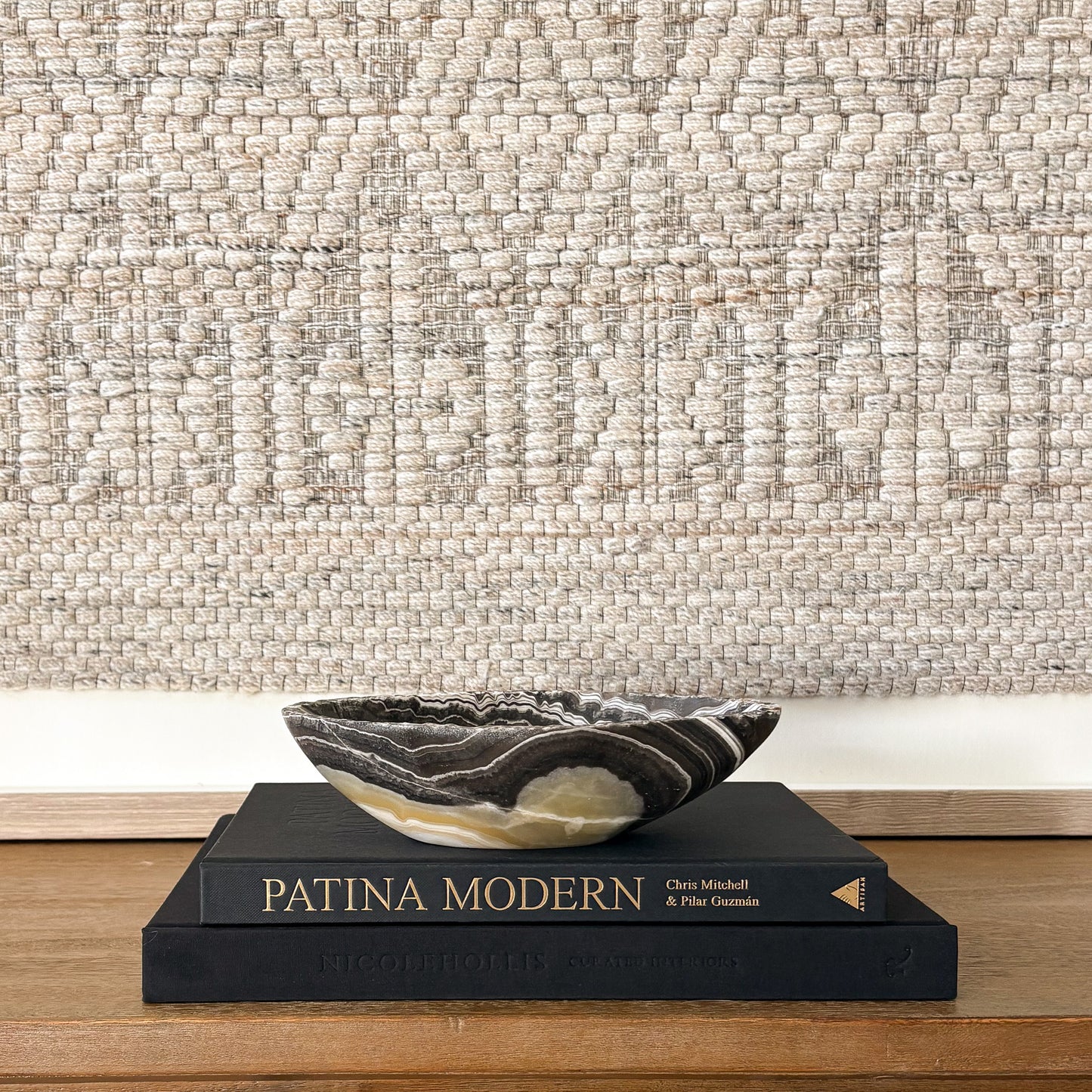 Hand carved small zebra onyx bowl with natural black and white striped stone pattern, decorative luxury home decor accent