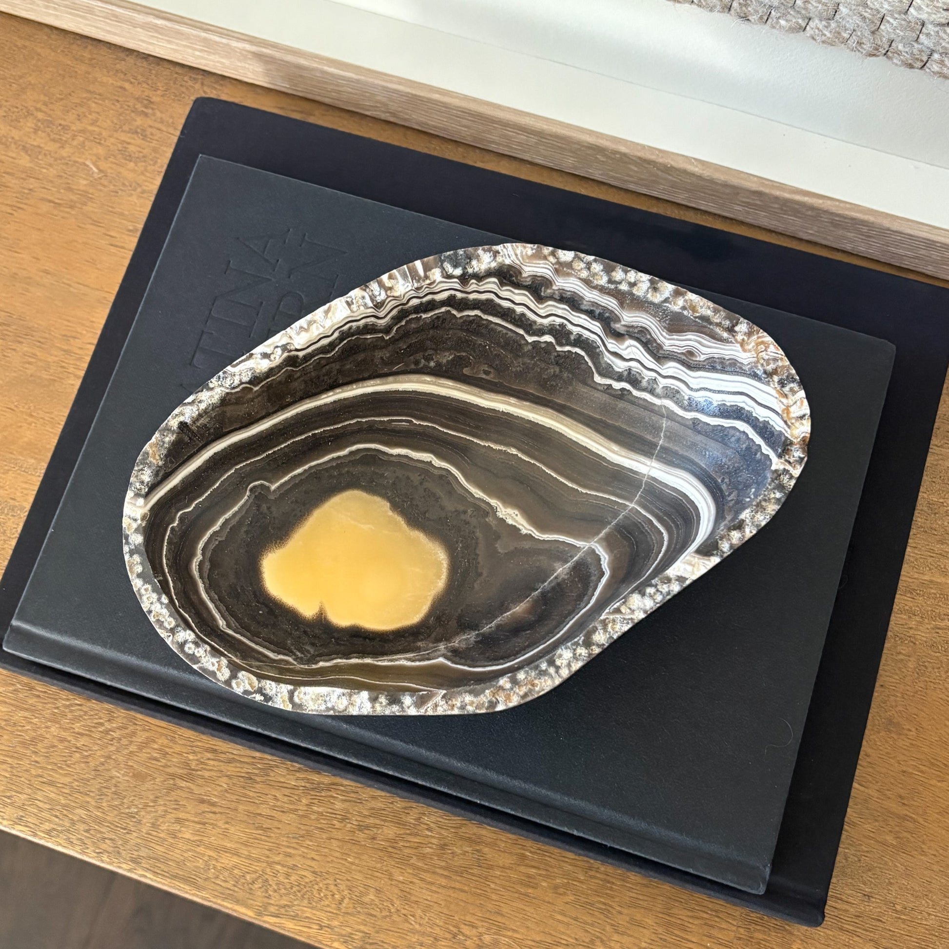 Small zebra onyx bowl hand carved from natural striped stone, elegant decorative catchall dish for home styling