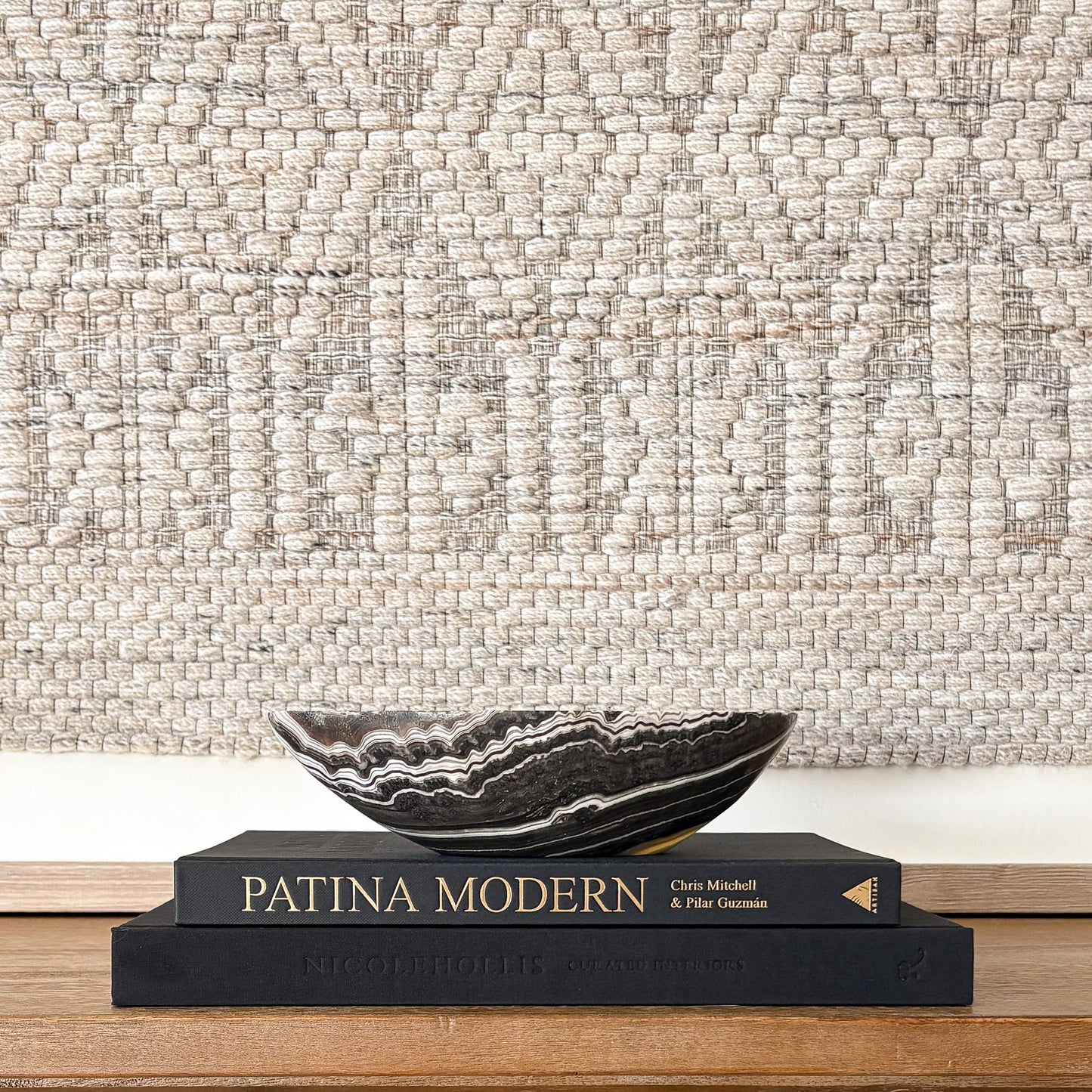 Small hand carved zebra onyx stone bowl with black and white natural striping