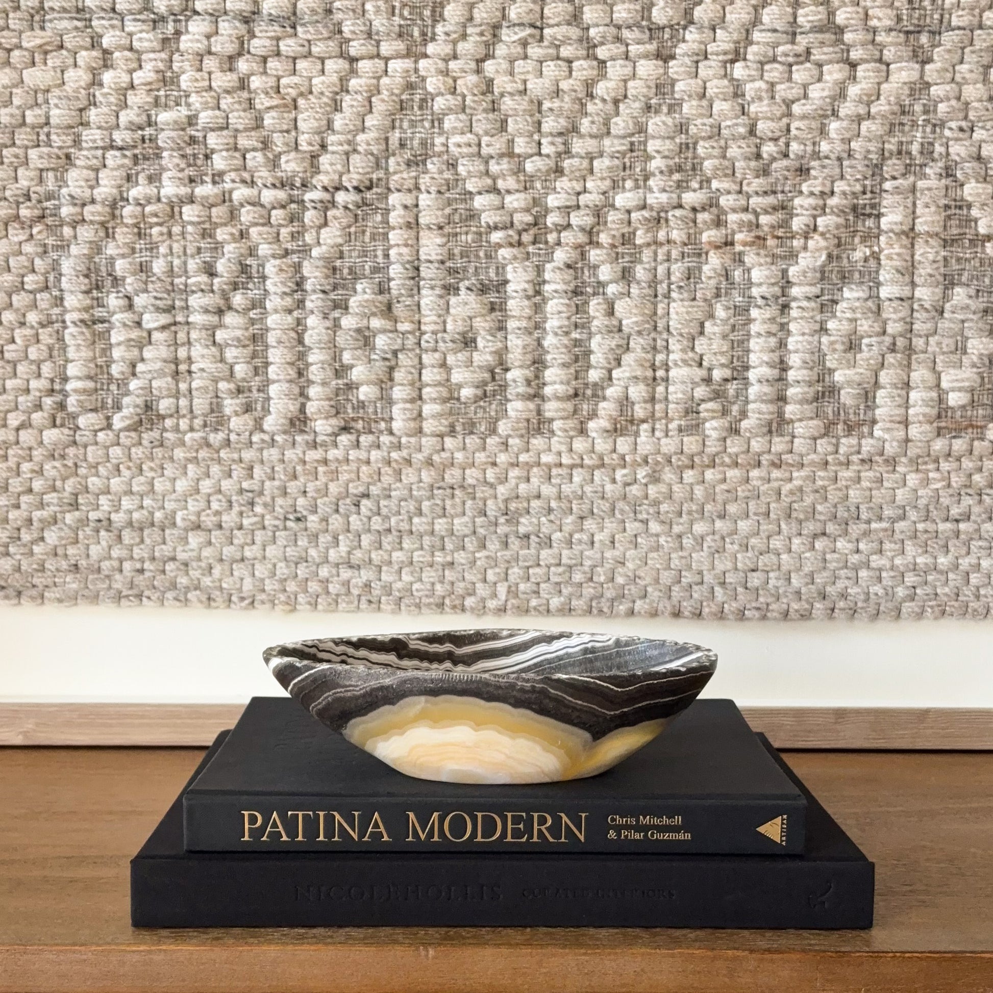 Small decorative zebra onyx bowl handcrafted from natural banded stone